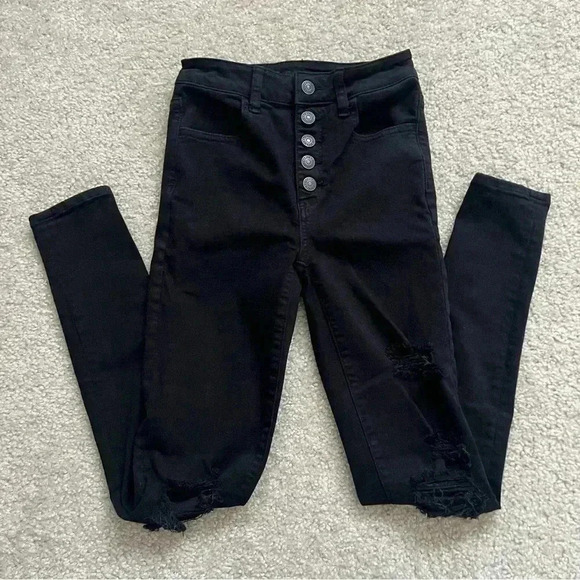 American Eagle Outfitters Button Super Hi Rise Jeggings Black Women’s Size 0 Reg - Picture 1 of 14